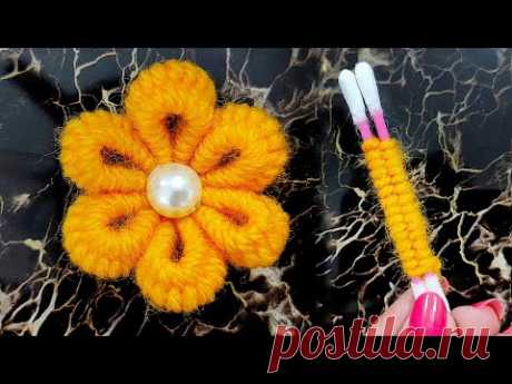 Easy Woolen Flower Making With Cotton Bud - Woolen Flower With Cotton Bud - Wool Flower