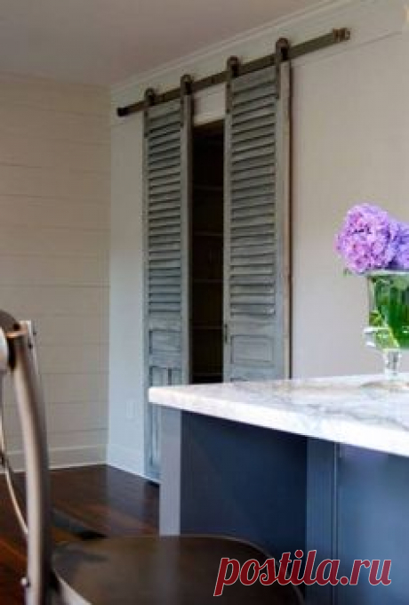 Use old shutters as beautiful rolling closet doors. So smart and pretty!