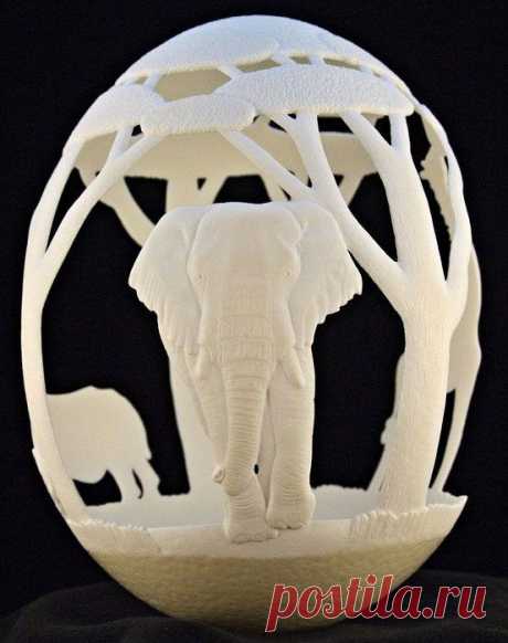 Филигранная работа: скульптуры из яичной скорлупы / Я - суперпупер.  Художник, работающий под псевдонимом Eggdoodler, создаёт удивительные скульптуры из яичной скорлупы. И пусть это большие страусиные яйца, тем не менее, материал для работы является очень хрупким.Последнюю серию своих работ Eggdoodler назвал «Африка». На скульптурах из скорлупы можно разглядеть слона, жирафа и носорога в их природной среде. Поражает то количество деталей, которые составляют общее целое. На создание этих трёх раб