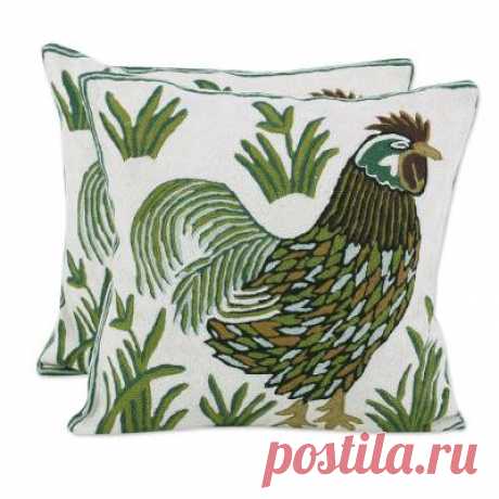 Two Embroidered Cushion Covers with Roosters from India - Rooster Crow | NOVICA