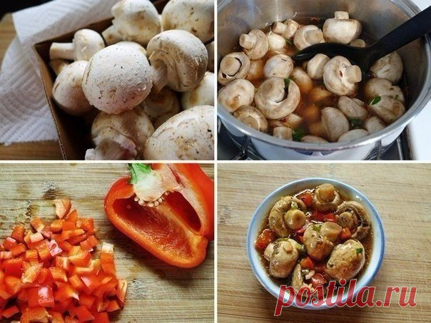 Быстрые маринованные шампиньоны

По этому рецепту шампиньоны получаются хрустящими и очень вкусными. Их не нужно консервировать. Уже на следующий день грибочки готовы!

Ингредиенты:
500гр. свежих шампиньонов.
3 зубчика чеснока.
1 репчатый лук среднего размера.
1/2 красного болгарского перца, и нарезать кубиками

Для маринада:
1 л. воды
лавровый лист - 1 шт,
черный перец горошком - 5 зерен,
сушеный майоран.
столовый уксус 9% - 80 мл.
соль - 1,5 ч. л.
сахар - 1 ст. ложка.
1 ...