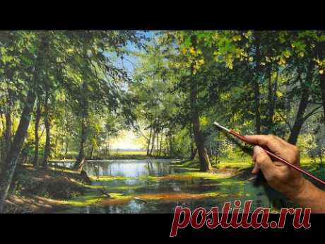 How to Paint a Summer Landscape &quot;Quiet pond&quot;. Acrylic Painting #135 photos in 2023.