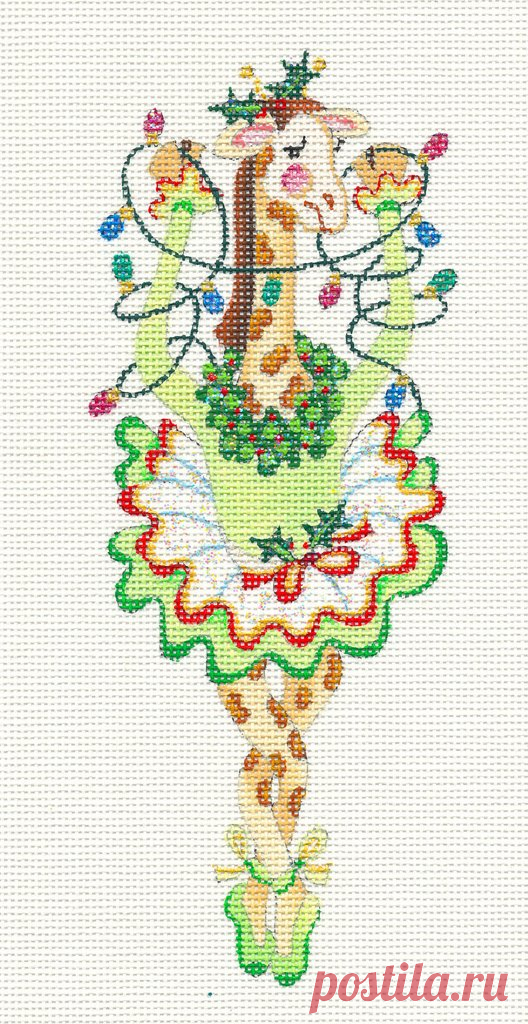 Canvas~Ballerina Giraffe hand painted on Needlepoint Canvas~ by Strictly Christmas Ballerina Giraffe wearing an adorable Tutu, a Christmas Wreath around her neck and a string of lights  ~  The canvas is hand painted on 18 mesh canvas.  The design is in sparkling Christmas colors and beautifully hand painted and Diamond Dusted. The hand painted canvas design is approx.  8