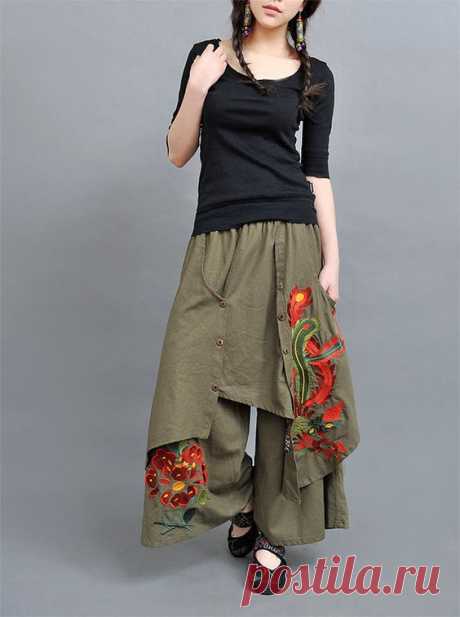 (218) Very cool and hip multi-layered wide leg pants with embroidery | Clothing