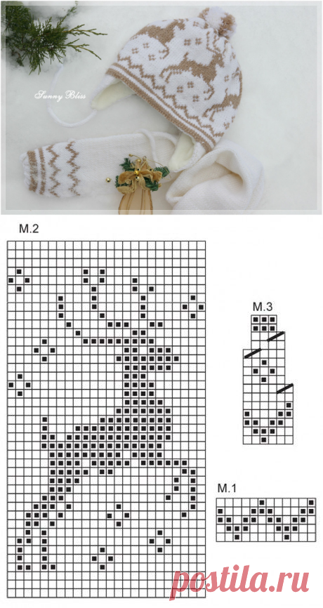 Жаккард олени схема спицами для шапки