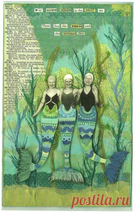 (254) Three Mermaid Sisters Art Print Mixed Media Altered Art Signed