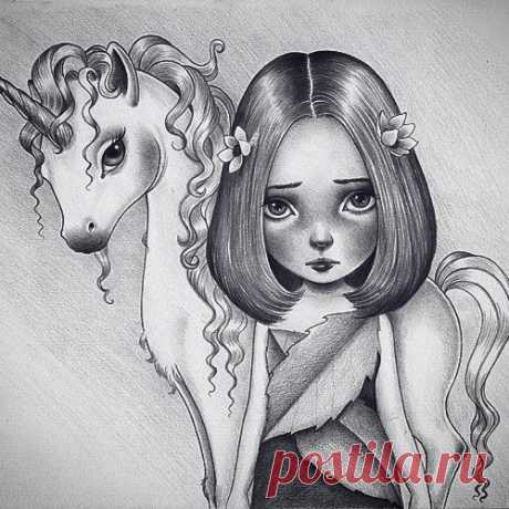 Only Innocense could approach the most sacred of all Beast, the Unicorn... #unicorn #innocense #maiden #drawing #artwork #beast