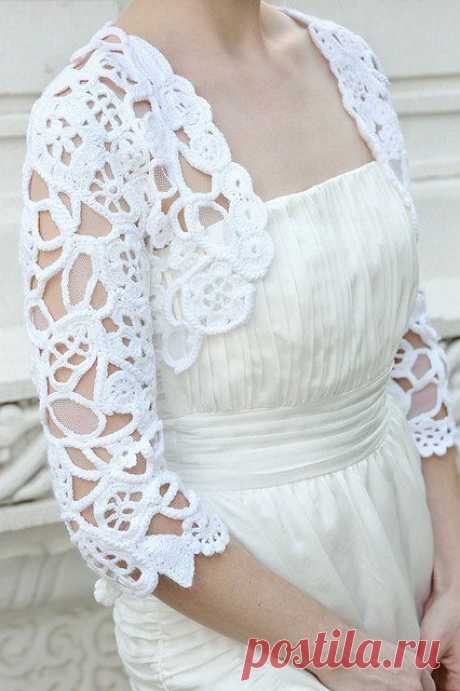 White Freeform Crochet and Lace Wedding Bolero, Freeform Shrug