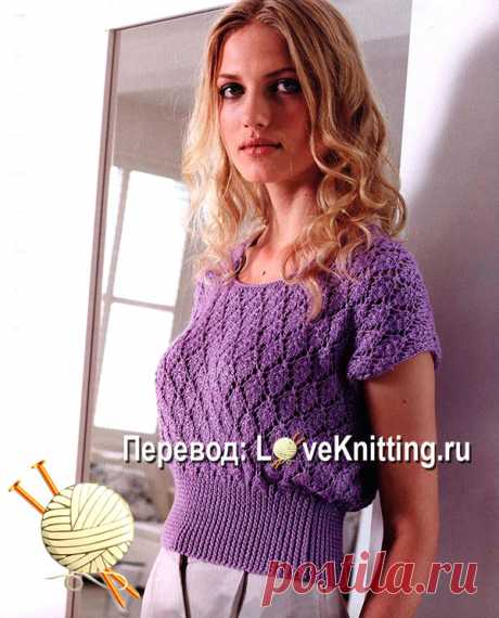 Пуловер "Дельфина" При цитировании материалов ссылка на сайт loveknitting.ru обязательна! Кружевной летний пуловер от Debbie Bliss с элементами винтажного стиля  снизу выполнен лицевой скрещенной резинкой 1 х 1. Верхняя часть тела имеет классический кружевной узор.