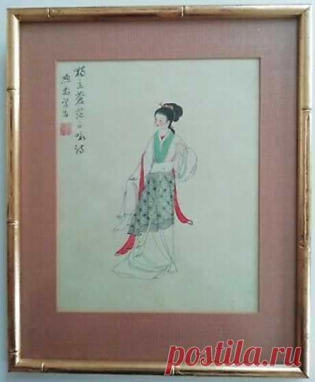 JAPANESE ORIGINAL PAINTING ON SILK - STANDING WOMAN - SIGNED - FAUX BAMBOO FRAME  | eBay A beautiful Japanese painting on silk, depicting a standing woman in traditional Japanese dress. The mounting board looks to be Circ. However this would need more investigation.