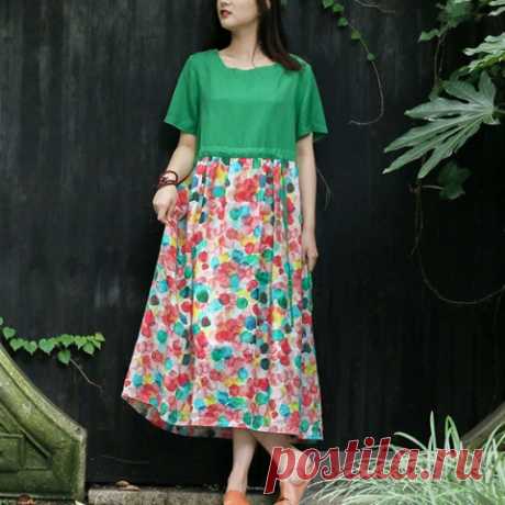 Simple o neck pockets linen dress Vintage Work Outfits green patchwork floral long Dresses Summer