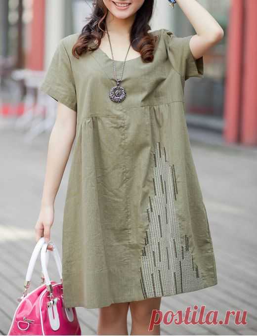 Army Green платье хлопок / лен платье с коротким рукавом от ElegantGens
