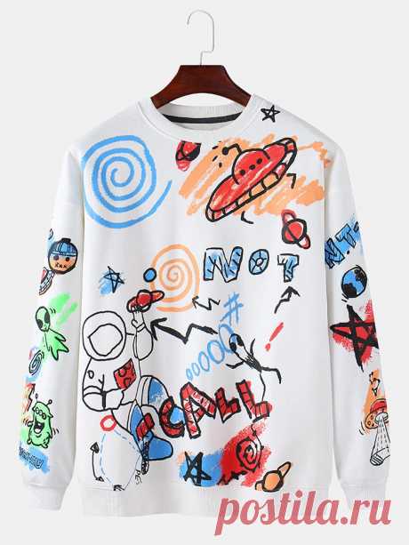 Mens Cotton Graffiti Astronaut Back Letter Print Crew Neck Casual Loose Sweatshi - US$31.99