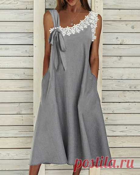 Crochet Lace Patch Pocket Design Swing Dress