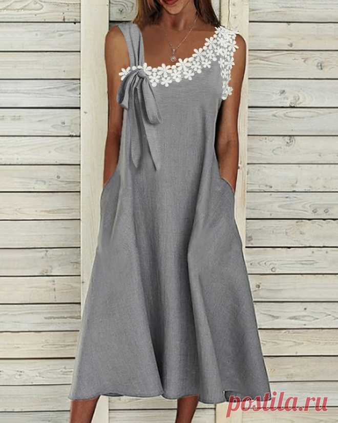 Crochet Lace Patch Pocket Design Swing Dress