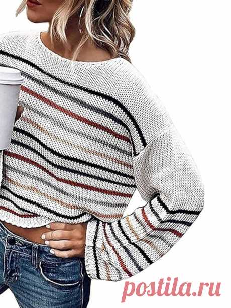 Women's Pullover Sweater Jumper Crochet Knit Knitted Striped Crew Neck Stylish Drop Shoulder Winter Summer White Black S M L / Long Sleeve / Slim 8577063 2022 – €30.75