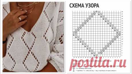 Узор спицами (+схема) ажурные большие ромбы для летних топов, джемперов, кофточек и кардиганов.