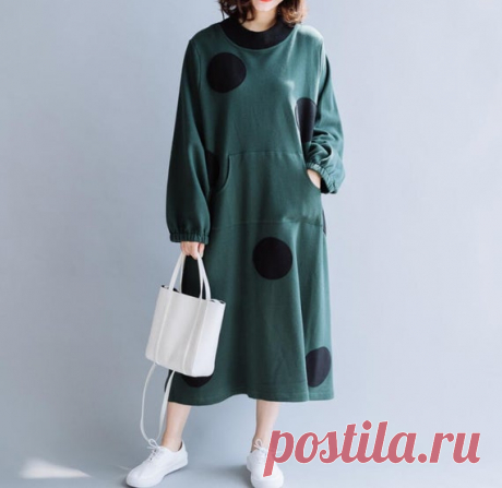 Women long Dresses, Cotton Maxi Dress, Tunic Dress, Women Gown, bottoming dress Black circle patch design, elasticated cuffs, pockets on the front, split ends on both sides of the hem, casual style, versatile, base wear. 【Fabric】  Cotton 【Color】 plaid 【Size】 Shoulder width 42cm/ 16 sleeve 58cm/ 23 Bust 150cm / 58 Length 109cm/ 43   Have any questions please contact me and I