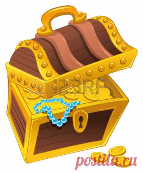 Golden coffer with treasure,full of coins, with a pearl necklace.