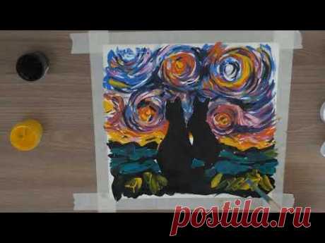 Тизер. Звездные коты. Рисование гуашью.  right-hand drawing #art_ivlieva - YouTube