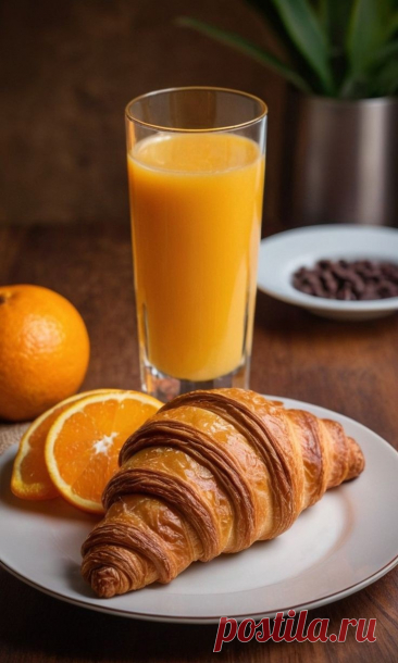 Апельсиновый сок с круассаном-вкусный завтрак.