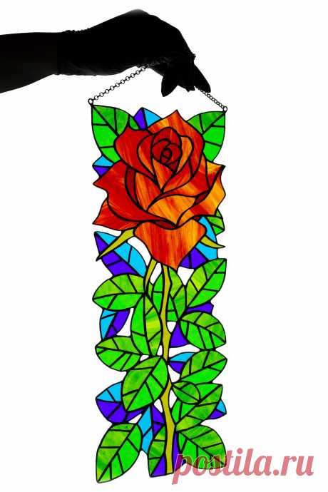 Suncatcher Stained glass rose Wall decor Stain glass panel Window hang Beautiful rose stained glass panel.Window hanging suncatcher made of stained glass pieces by my own disign.Handmade using Tiffany copper foil technique.Looks amazing in the sunlight.You will get it completely ready for installation. It comes with a self-adhesive hook and copper chain.It will be a great gift for friends