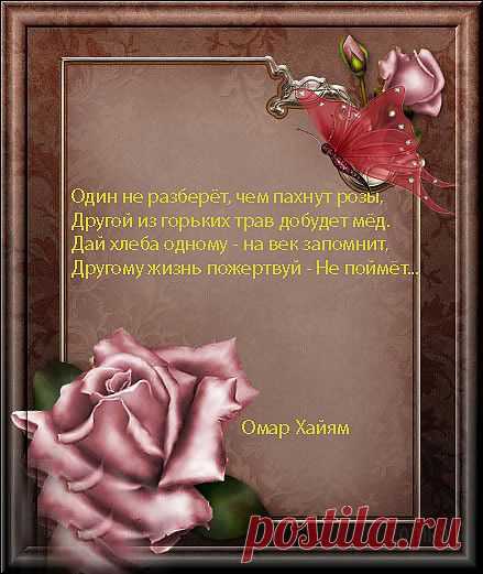 Один не разберет , чем пахнут розы,
Другой из горьких трав добудет мед. 
Дай хлеба одному - на век запомнит,
Другому жизнь пожертвуй - не поймет.
ЖЕМЧУЖИНЫ МУДРОСТИ ОМАРА ХАЙЯМА.