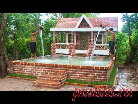 Buildding Amazing Pretty Brick Swimming Pool And Modern Two Story House Villa Design In Forest
