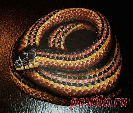 Hand Painted Rock Art - Brown Garter Snake