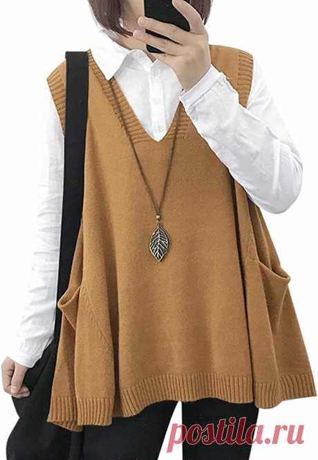 YESNO Women Loose Swing Chunky Cotton Cute Sweater Vests Oversized Cable Knit Pullover Sweaters with Pockets WM9 at Amazon Women’s Clothing store
