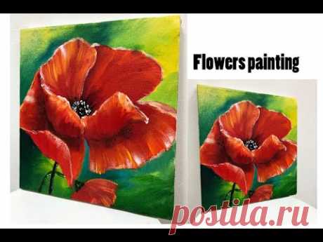 How to draw easy flowers painting /PoppyDemonstration /Acrylic Technique on canvas by Julia Kotenko - YouTube