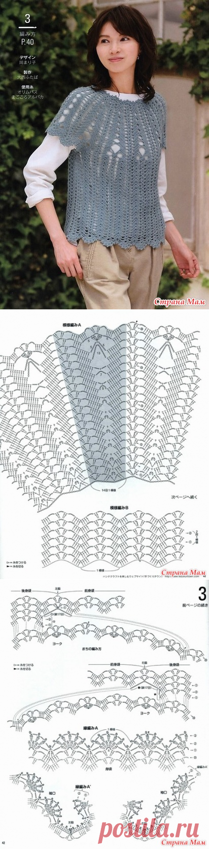 Ажурная кофточка с круглой кокеткой крючком схемы
