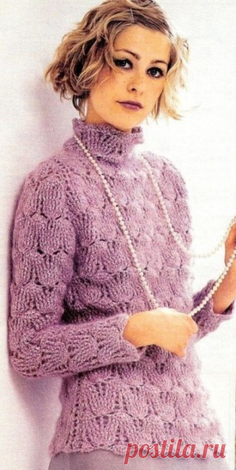 Милый и элегантный лиловый свитер крючком №3. Размер: 44/46.
Потребуется: 600 г шерстяной меланжевой пряжи с добавлением вискозы лилового цвета.