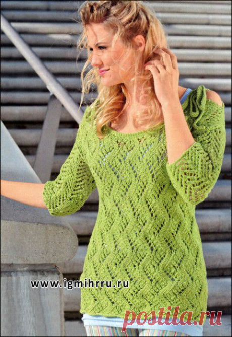 Светло-зеленый ажурный пуловер с кокетливыми завязками | Золотые Руки