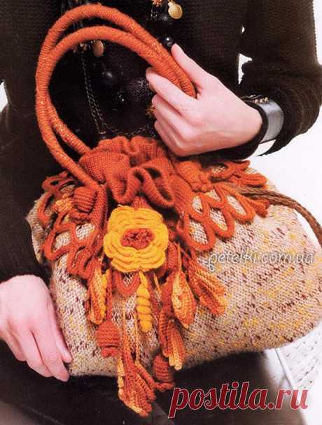 Вязаная сумка с цветочной отделкой. Схемы, описание вязания