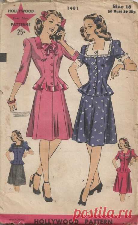1944 Ladie's Two Piece Dress with Square Neckline and Peplum Blouse Hollywood…