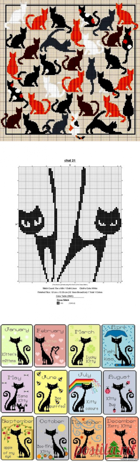 Подборка схем с котами, кошками и котятами для вышивки или вязания (жаккард, интарсия, филейное)