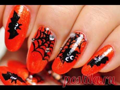 Nail Art. Halloween Design. Web, Spider, Bat.