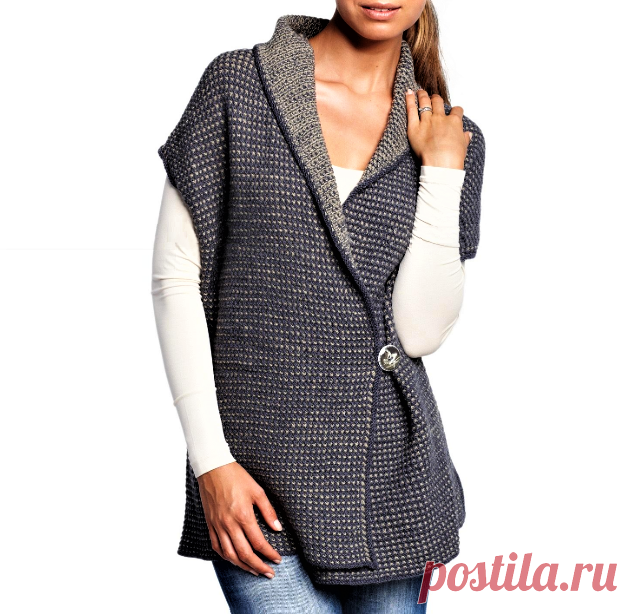 Жилет по простейшей выкройке, связанный спицами твидовым узором (опис ...