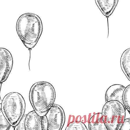 Frame with balloons on white background. Vector sketch for holidays. Design for cards isolated. Black white balloons. Doodle design. Retro vintage style. Vector illustration. 123RF - Миллионы стоковых фото, векторов, видео и музыки для Ваших проектов.