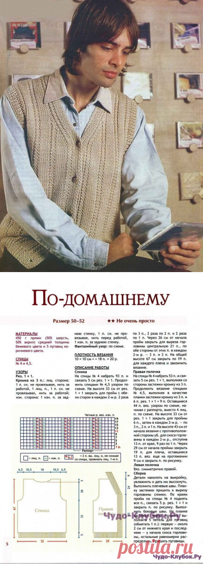 13 Жилет на пуговицах спицами мужской |ЧУДО-Клубок.рУ сайт вязания