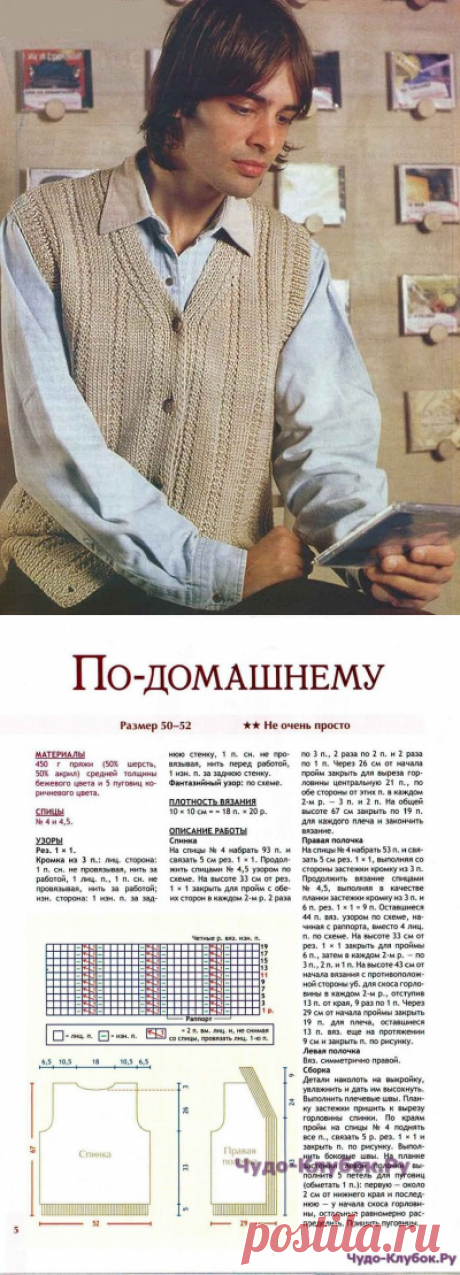 13 Жилет на пуговицах спицами мужской |ЧУДО-Клубок.рУ сайт вязания