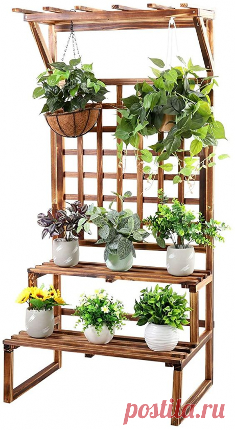 Amazon.com : unho Rustic Plant Stand 2 Tier Carbonized Pine Wood Display Shelf Ladder Rack with Trellis Indoor Outdoor for Corner Patio Balcony Garden Yard Decor : Garden & Outdoor