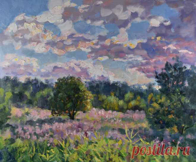 Summer Landscape Nature Painting Sky Eve, Painting by Natalya Savenkova | Artmajeur Buy art from Natalya Savenkova (Free Shipping, Secured direct purchase): Painting titled 