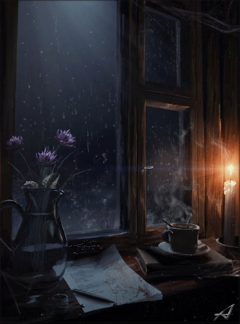 Гиф анимация Ваза с цветами, дымящаяся чашка кофе и горящая свеча стоят на подоконнике у окна, за которым идет дождь