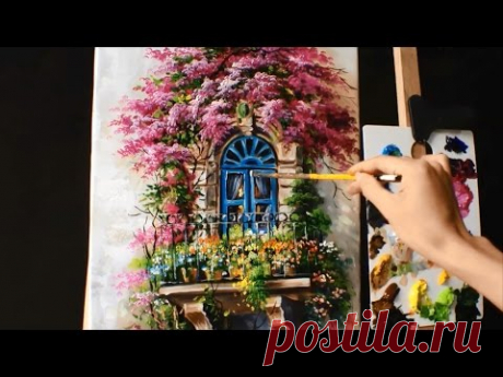 How to Paint a Balcony with Bougainvillea - Acrylic lessons - YouTube