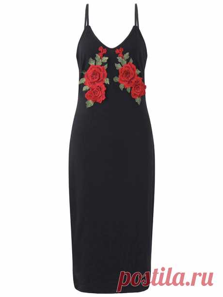 Women Sexy Embroidery V-Neck Dresses Spaghetti Strap Mid Dresses - US$14.99