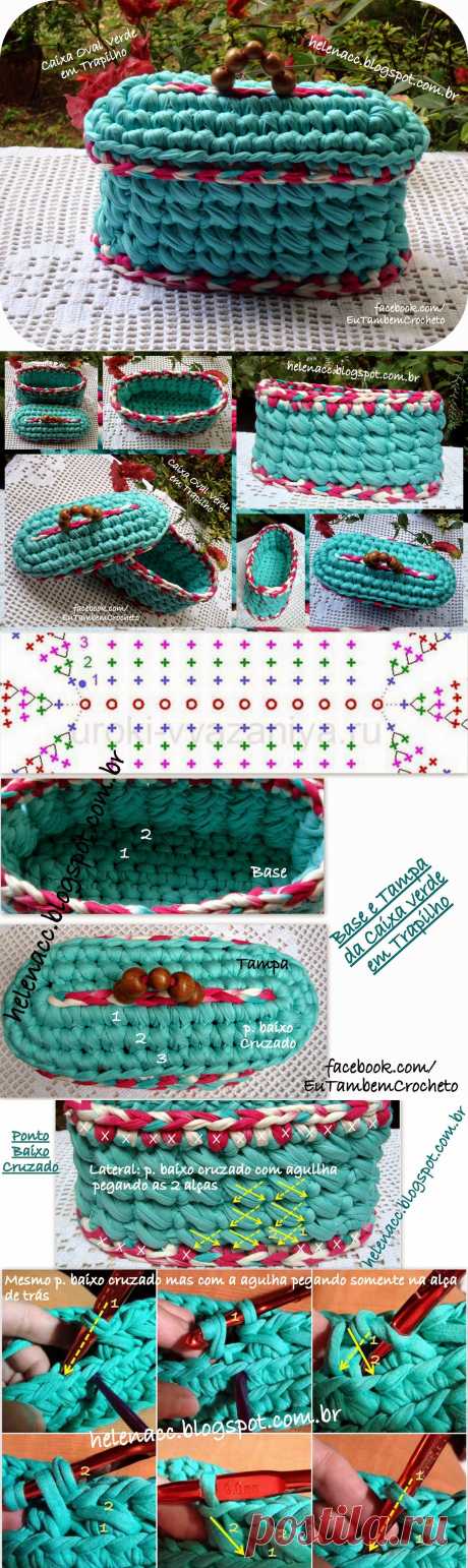 EU TAMBÉM CROCHETO...: Caixa Oval Verde com Tampa em Trapilho (P. baixo cruzado)