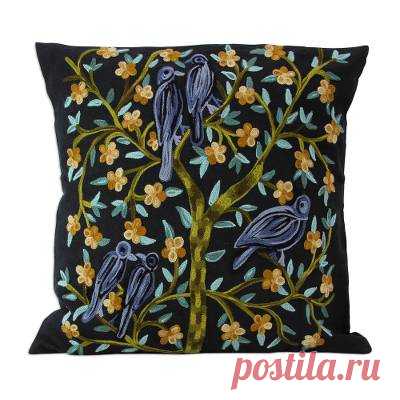 2 Indian Aari Embroidered Black Cotton Cushion Covers - Birds in the Night | NOVICA