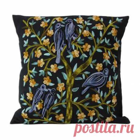 2 Indian Aari Embroidered Black Cotton Cushion Covers - Birds in the Night | NOVICA